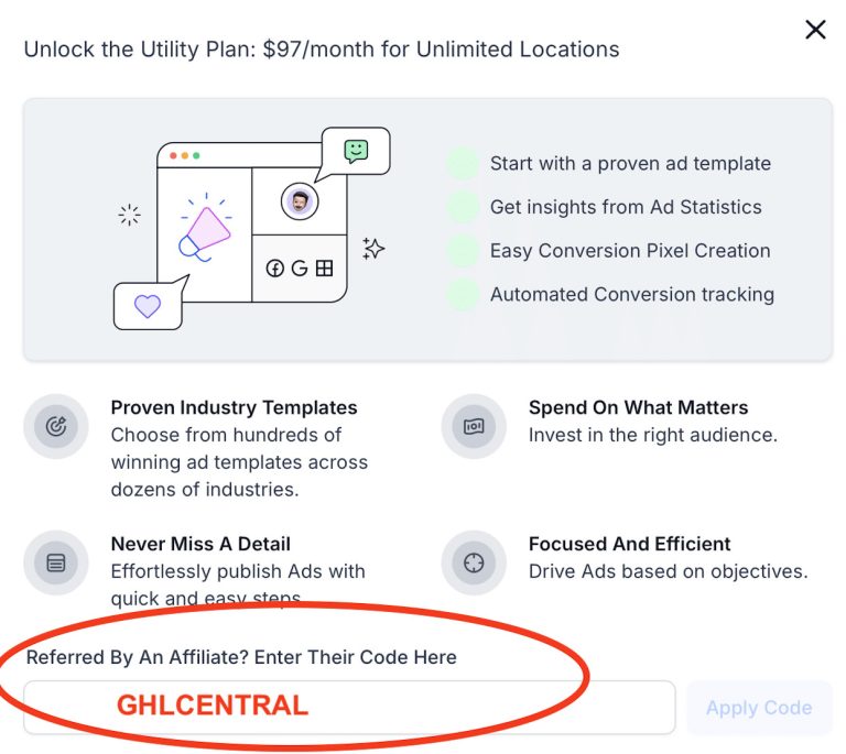 HighLevel Ad Manager Sign Up with Code GHLCENTRAL